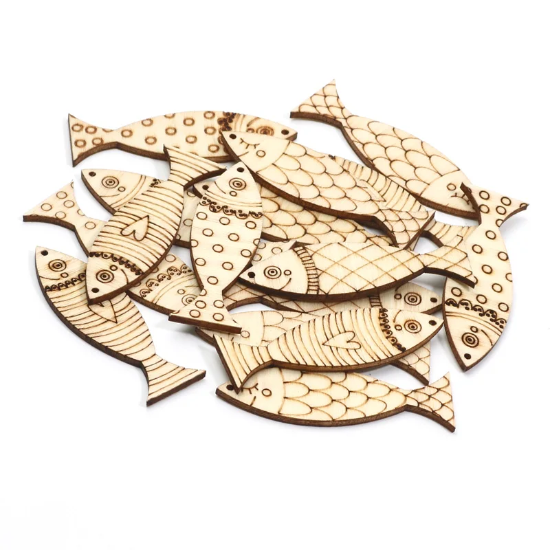 20pcs Mixed Fish Cartoon Wooden Slices Embellishments DIY Crafts For Scrapbooking Handmade Wood Ornament Home Decor Supplies