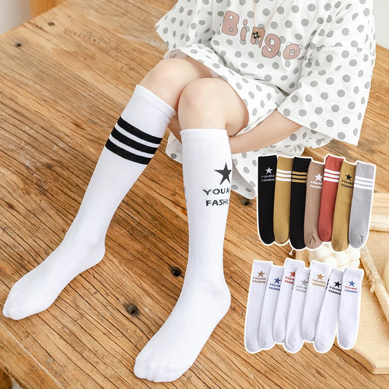 Girls Asymmetric Knee High Socks Designed With Stripe And Star Pattern Comfort Moderate Stretch Legwear Fit Girls Daily Outdoor