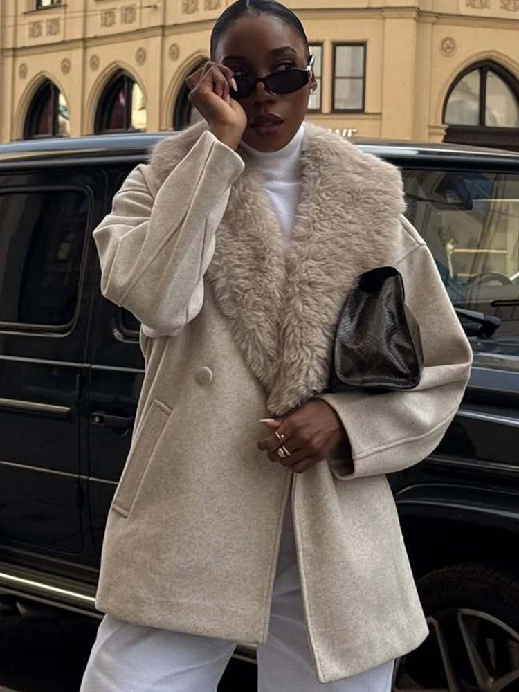 

TFMLN Female Loose Woolen Coat New Autumn Warm Faux Fur Collar Winter Double Breasted Jacket Elegant Ladies Fashion Streetwear