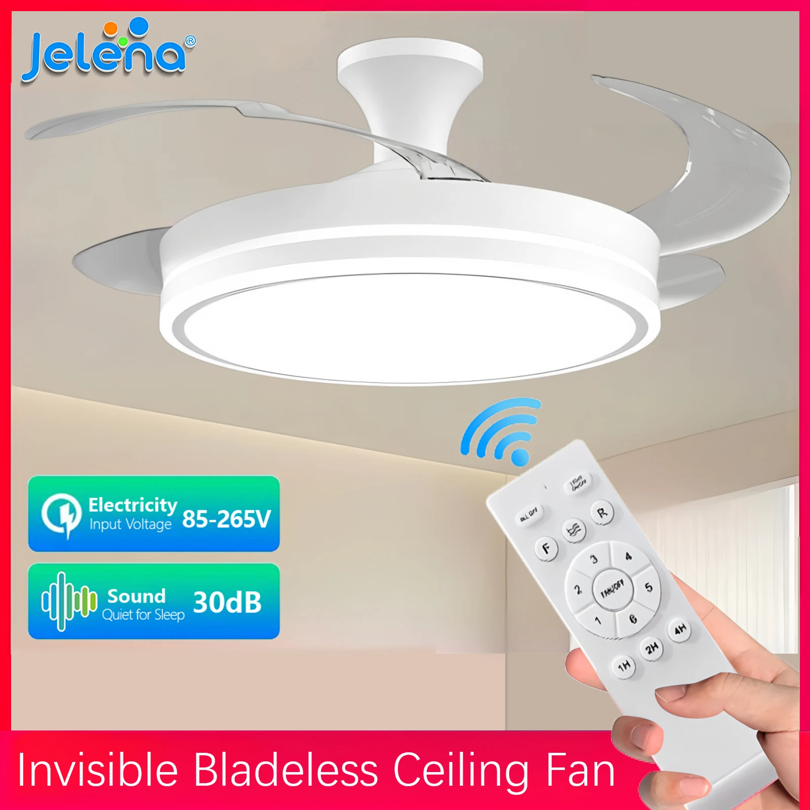 Ventilador de Techo Invisible Jelena con Luz LED, Motor DC, Gran Volumen de Aire, Control Remoto para Dormitorio y Comedor