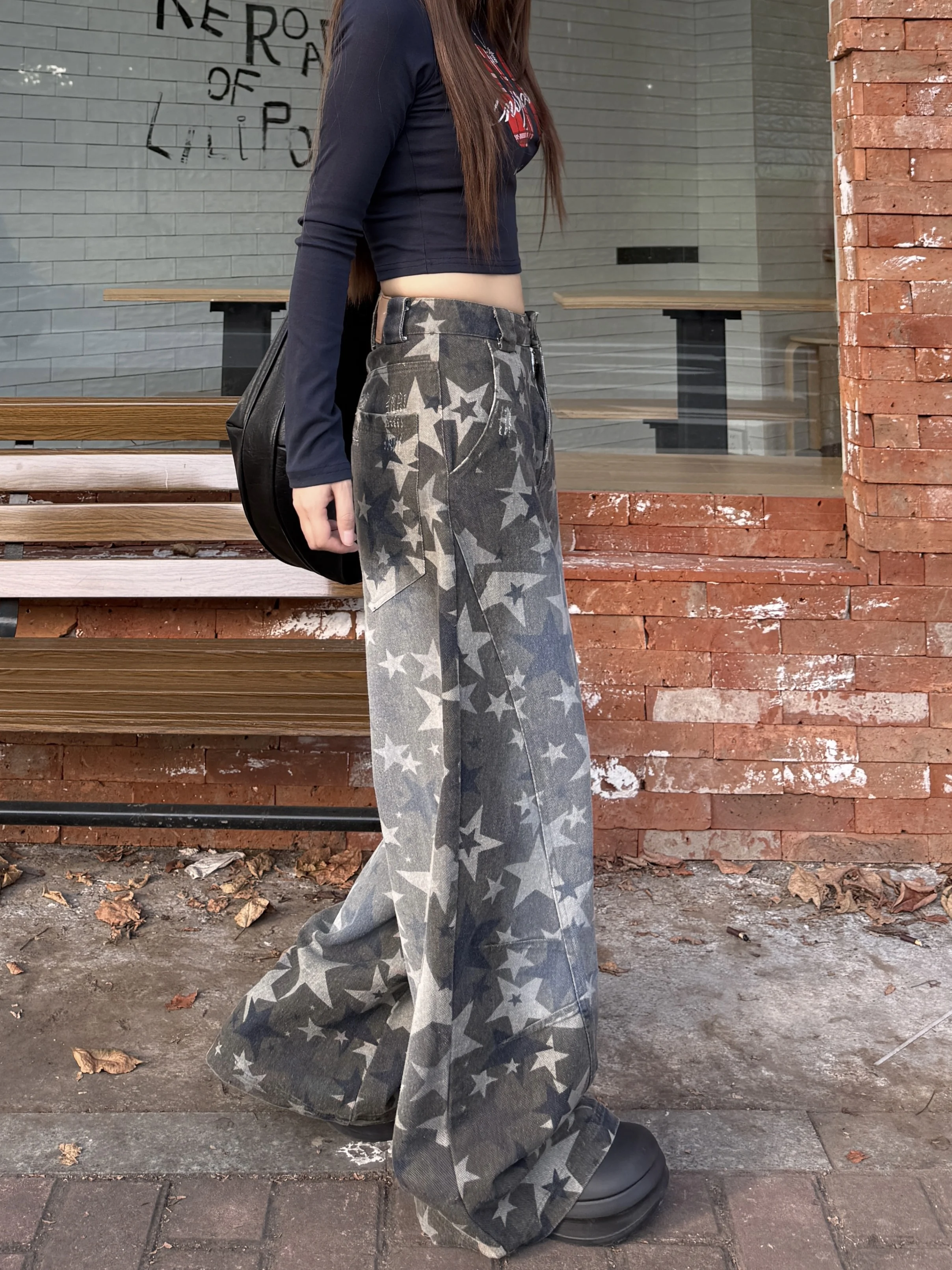 Calça jeans feminina com estampa de estrelas vintage, perna larga, cintura alta, solta, banana, curvada