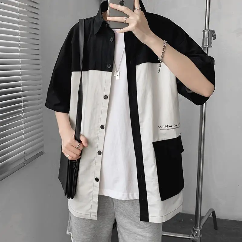 

Summer T Shirt for Men Half Sleeve Oversized T-shirt Hong Kong Fashion Men Clothing Shirt Loose Casual Shirts and Blouses