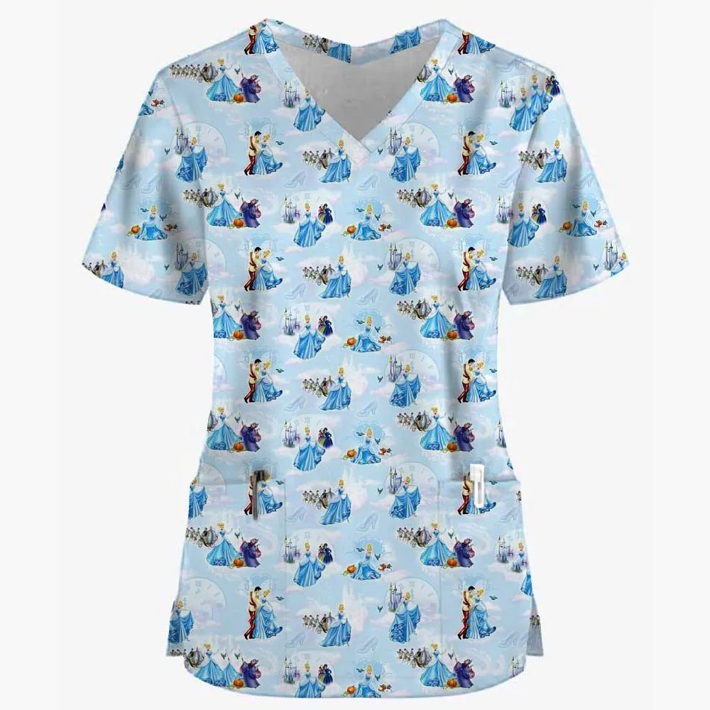 Miniso Women Working Uniform Disney Princess Print Frozen Elsa Short Sleeve V-neck Femme Blouse Nurse Work Wear Medical Uniforms