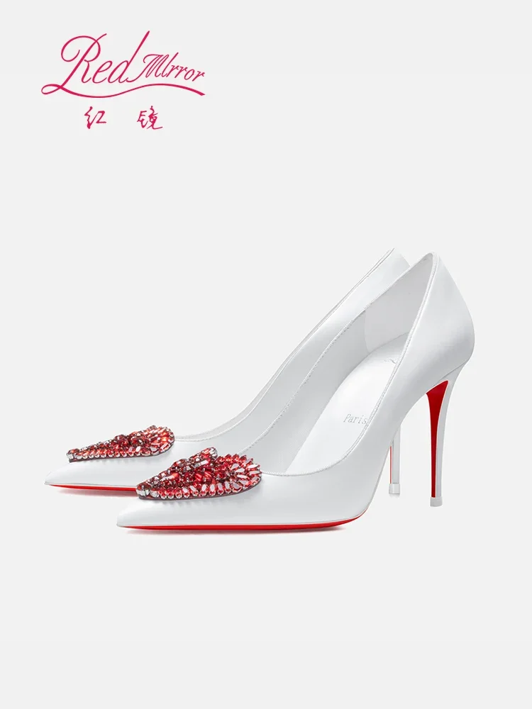 Red soled heart-shaped rhinestone shallow mouth pointed white high heels, feminine temperament, slim heels, wedding single shoes