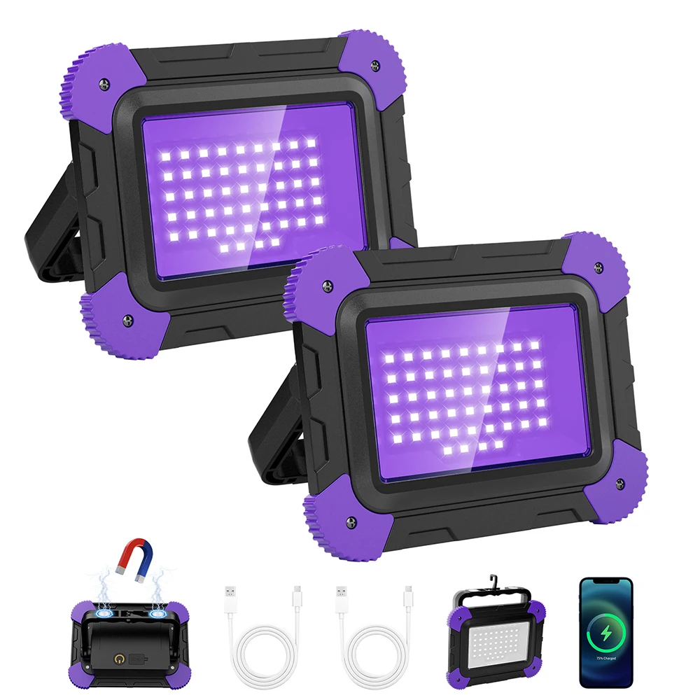 2 Pack Rechargeable UV Black Light 395nm LED Ultraviolet Flood Work Light Magnetic Portable Handheld Blacklight with Hook