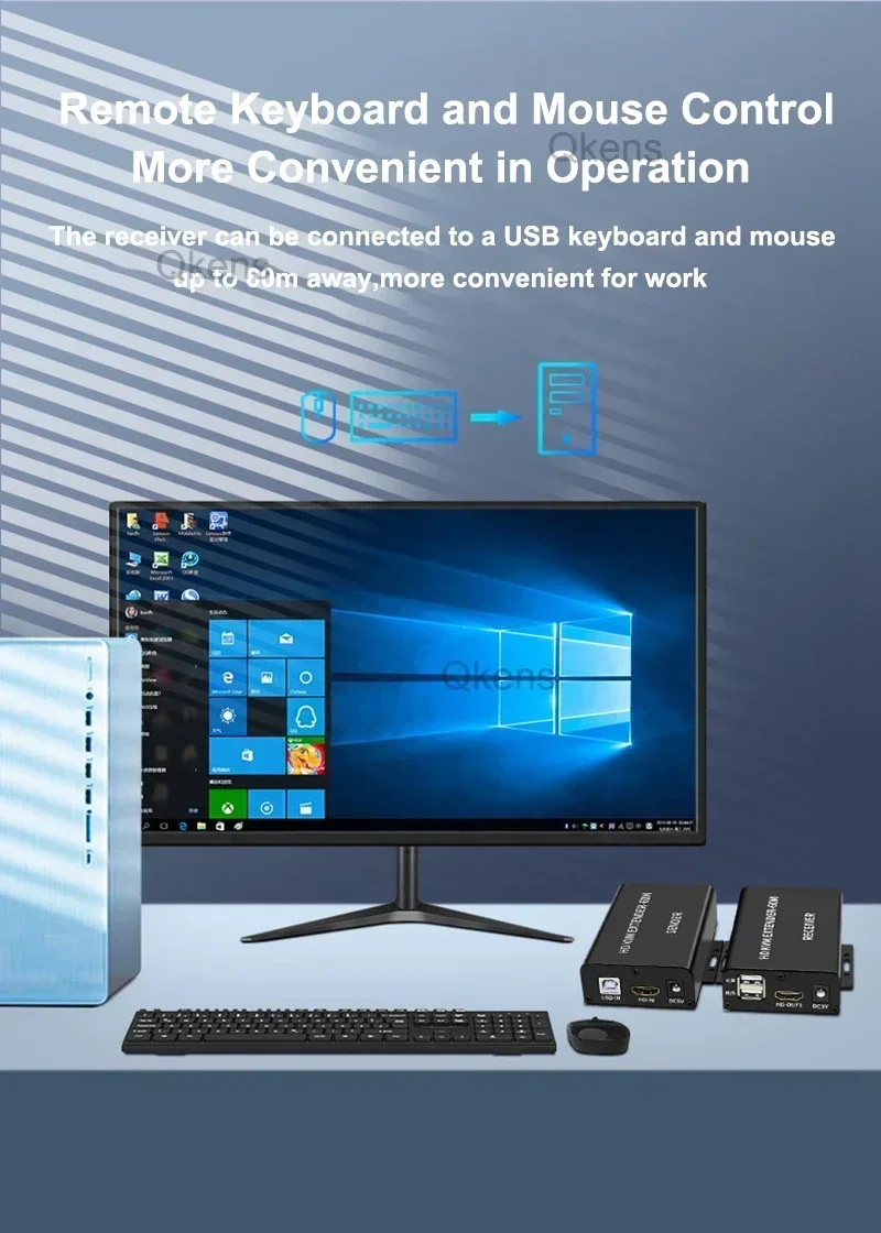 Przedłużacz HDMI KVM 60M przez kabel Ethernet Cat6 Nadajnik i odbiornik audio-wideo Obsługa klawiatury USB Mysz Jeden zasilacz — zdjęcie produktu 4