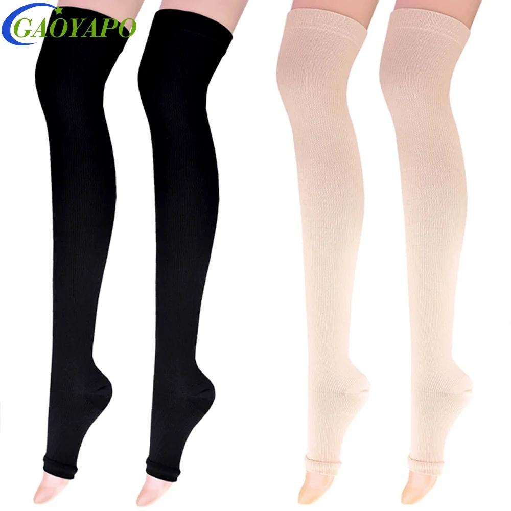 

1Pair 20-32mmHg Thigh High Compression Socks for Women Men - Calf Support with Silicone Grip-Open Toe for Sports,Varicose Veins