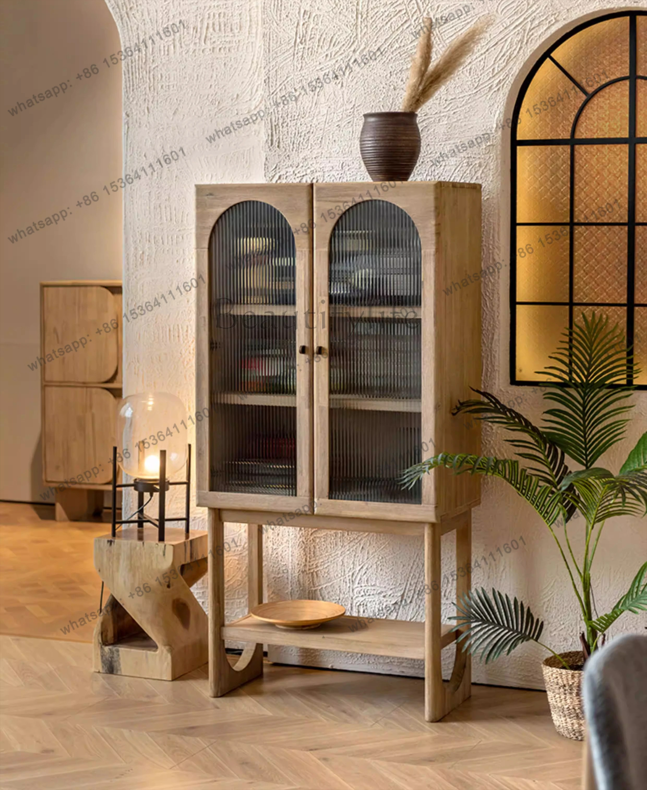 

Imported solid wood home living room dining side cabinet retro Nordic designer display high cabinet against the wall