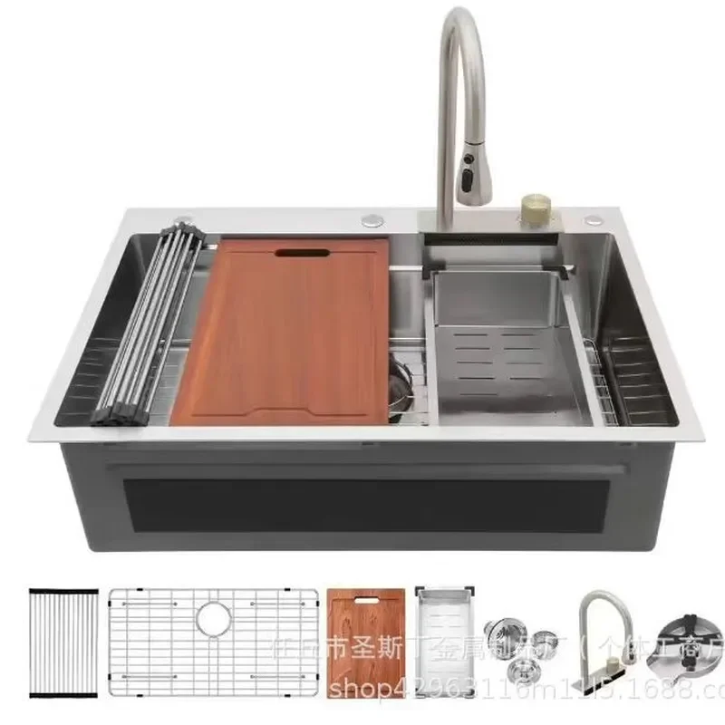 Flying Fish Waterfall 304 Stainless Steel Large Single Bowl Kitchen Sink Vegetable Basin Dishwashing Sink