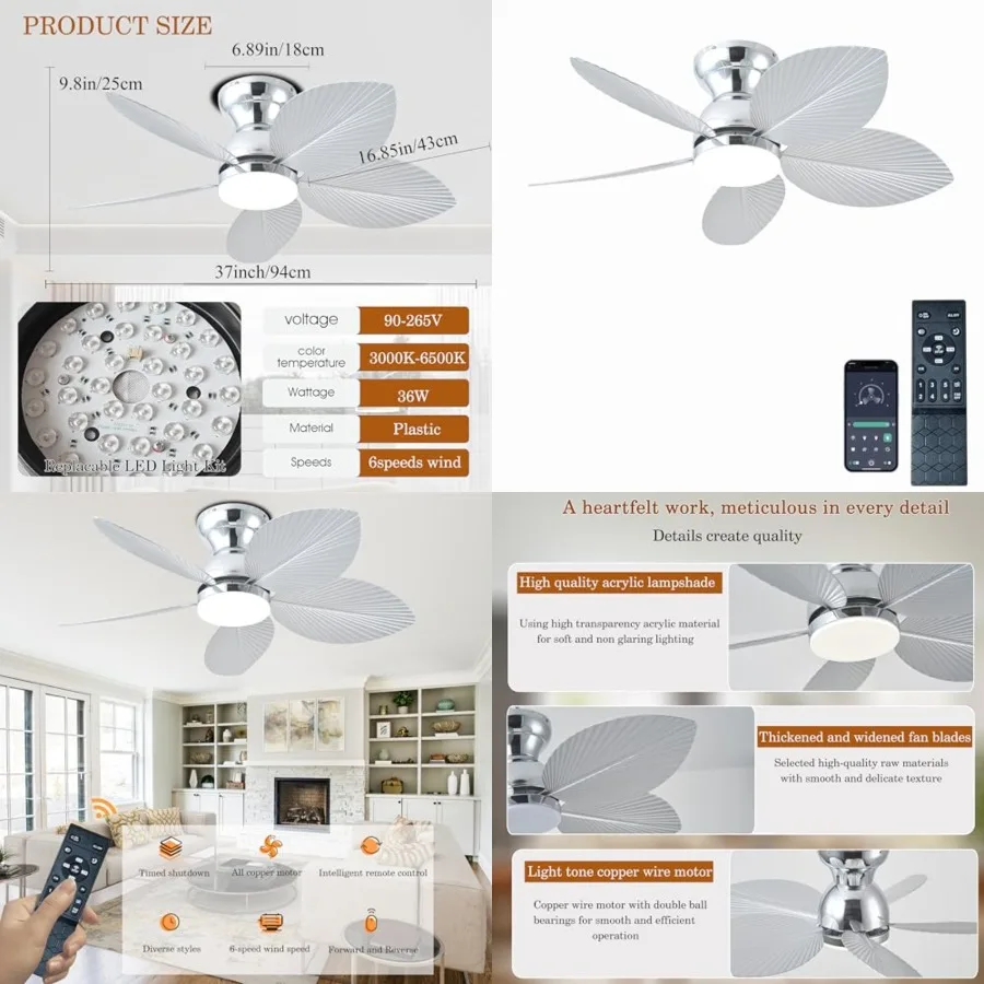 Tropical Ceiling Fans with Light, 38-inch Flush Mount Palm Leaf Ceiling Fans for Bedrooms, Indoors and Outdoors, Remote Control