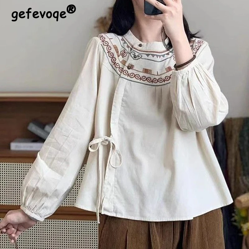 Women Vintage Chinese Ethnic Style Cotton Linen Blouses Spring Autumn Embroidery Lace Up Shirts Casual O Neck Long Sleeve Tops