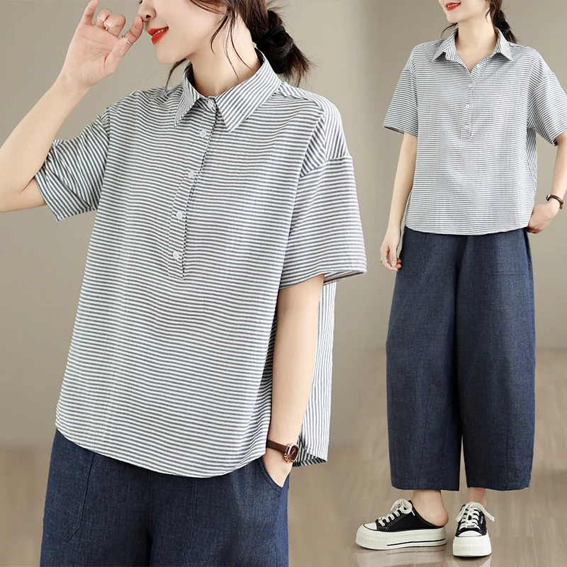 

Elegant Loose Fit Striped Collar Shirt Premium Combed Cotton Breathable Summer Fashion Women's Shirt Casual Top
