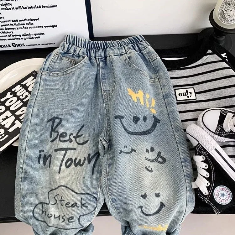 Baby Jungen Loose Fit Baumwoll-Graffiti-Jeans Frühling Herbst Weiche Jeans Kinder Weite Hosen Mädchen Kleinkinder Kleidung