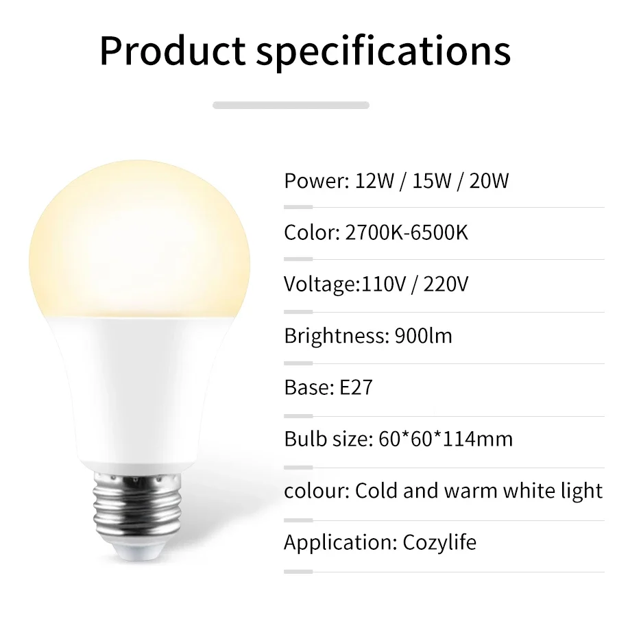 E27 WiFi Smart LED Light Bulbs 12W 15W 20W LED Lamp Dimmable Cozylife APP Control Home Lighting Support Alexa Google Assistant