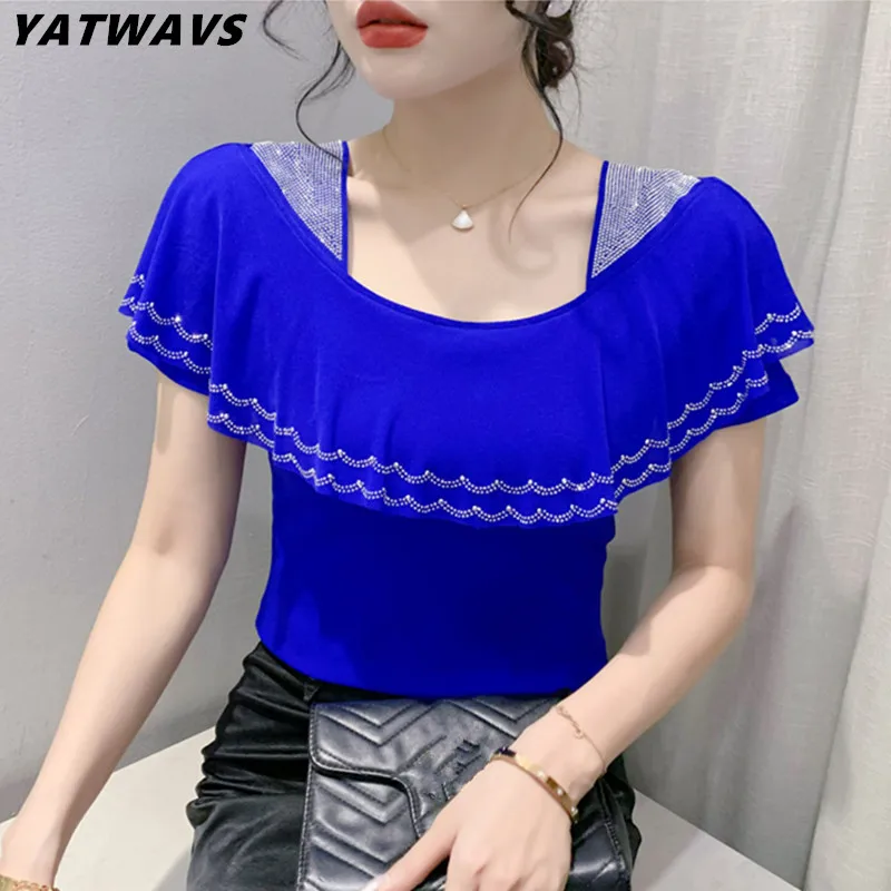 

New Summer European Women T-Shirt Clothes Chic Sexy Square Neck Patchwork Ruffle Shiny Diamonds Tops Short Sleeve All Match Tees