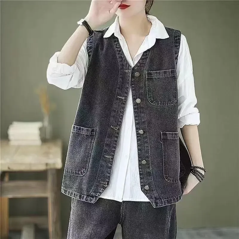 

Denim Vest Women Sleeveless Jacket Cardigan Pocket Black Tank Tops Vintage Streetwear Single-breasted Harajuku Tops Design New