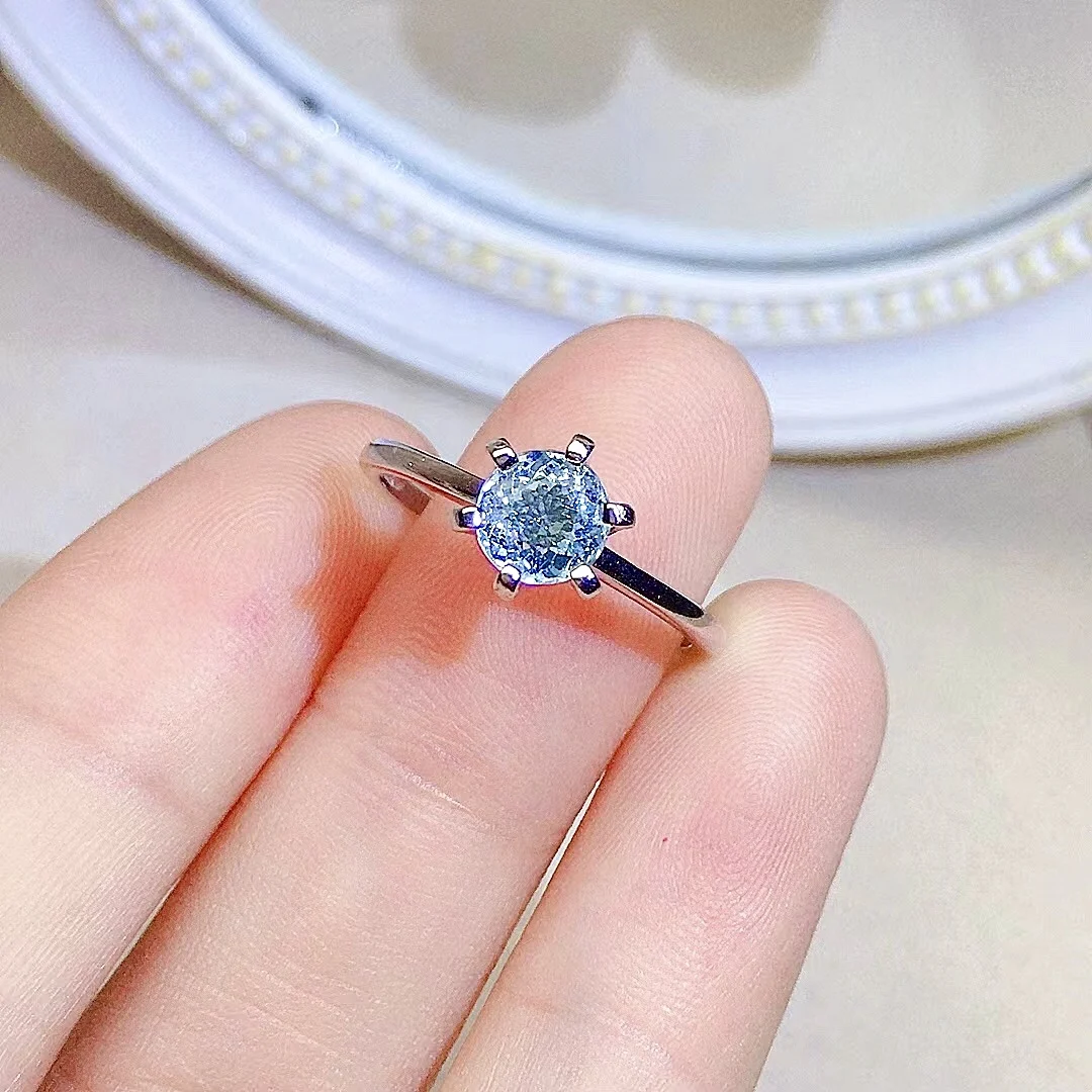 Light Blue Aquamarine Ring for Office Woman 0.8ct 6mm Natural Aquamarine 925 Silver Ring with Gold Plating Gift for Woman