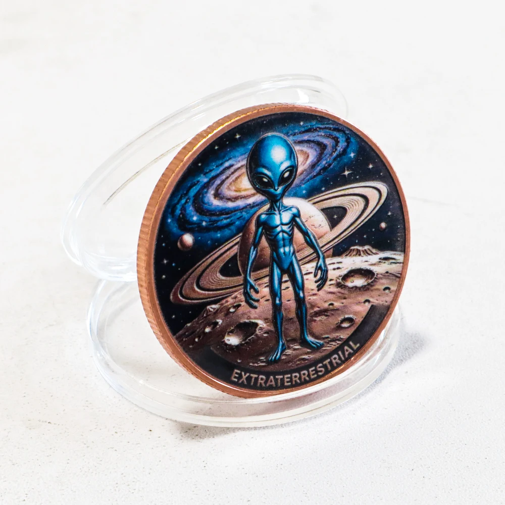 1 oz .999 Fine Copper Space Alien Commemorative Coin in Display Slab Earth Moon Outer Space Challenge Coin Gifts for Sci-Fi Fans