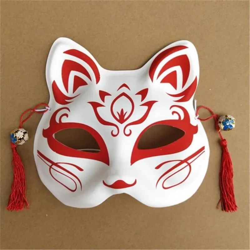 Party Show maschera volpe con nappe e campane Kitsune dipinte a mano mezza faccia regalo Cosplay di Halloween