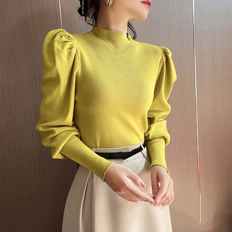 Suéter de punto para mujer, jerséis, suéteres, suéter de punto de manga larga a la moda, jersey para mujer, Tops con cuello levantado, suéter femenino Q1018