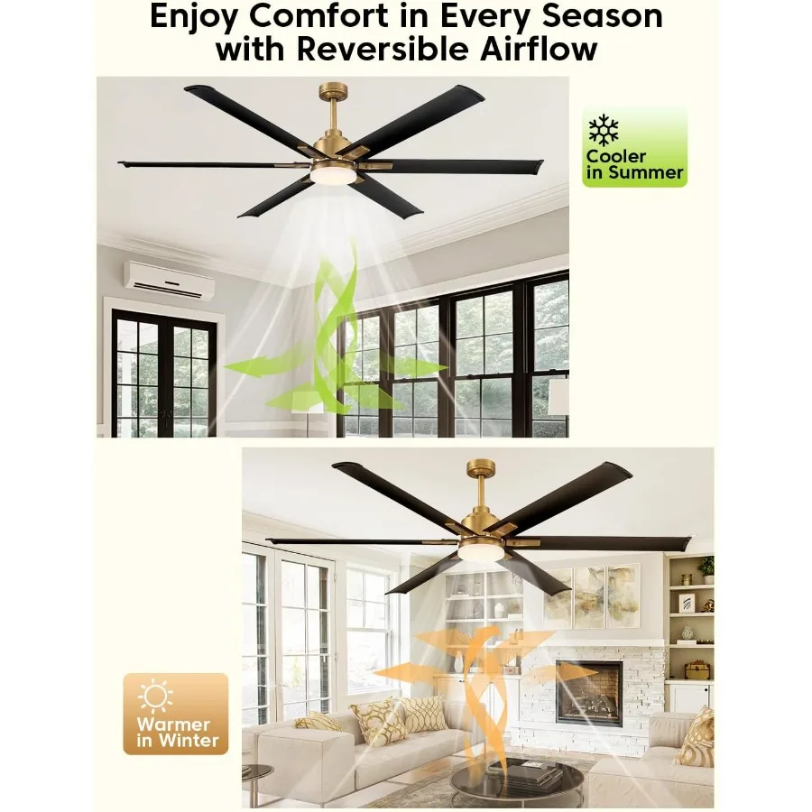 مروحة سقف بمحرك تيار مستمر 72 بوصة مع ضوء LED متكامل 6 شفرات ألومنيوم سوداء عملية التحكم عن بعد تدفق هواء عكسي