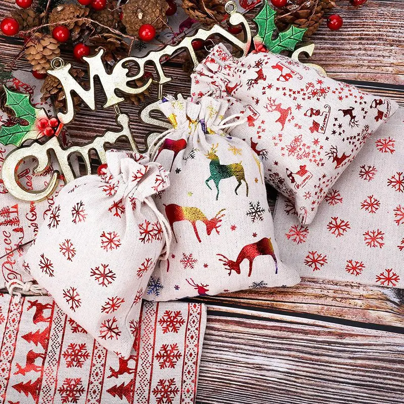 Bolsas de regalo de arpillera con cordón para Navidad, 16 piezas, envoltorio para dulces, suministros para fiestas de Navidad