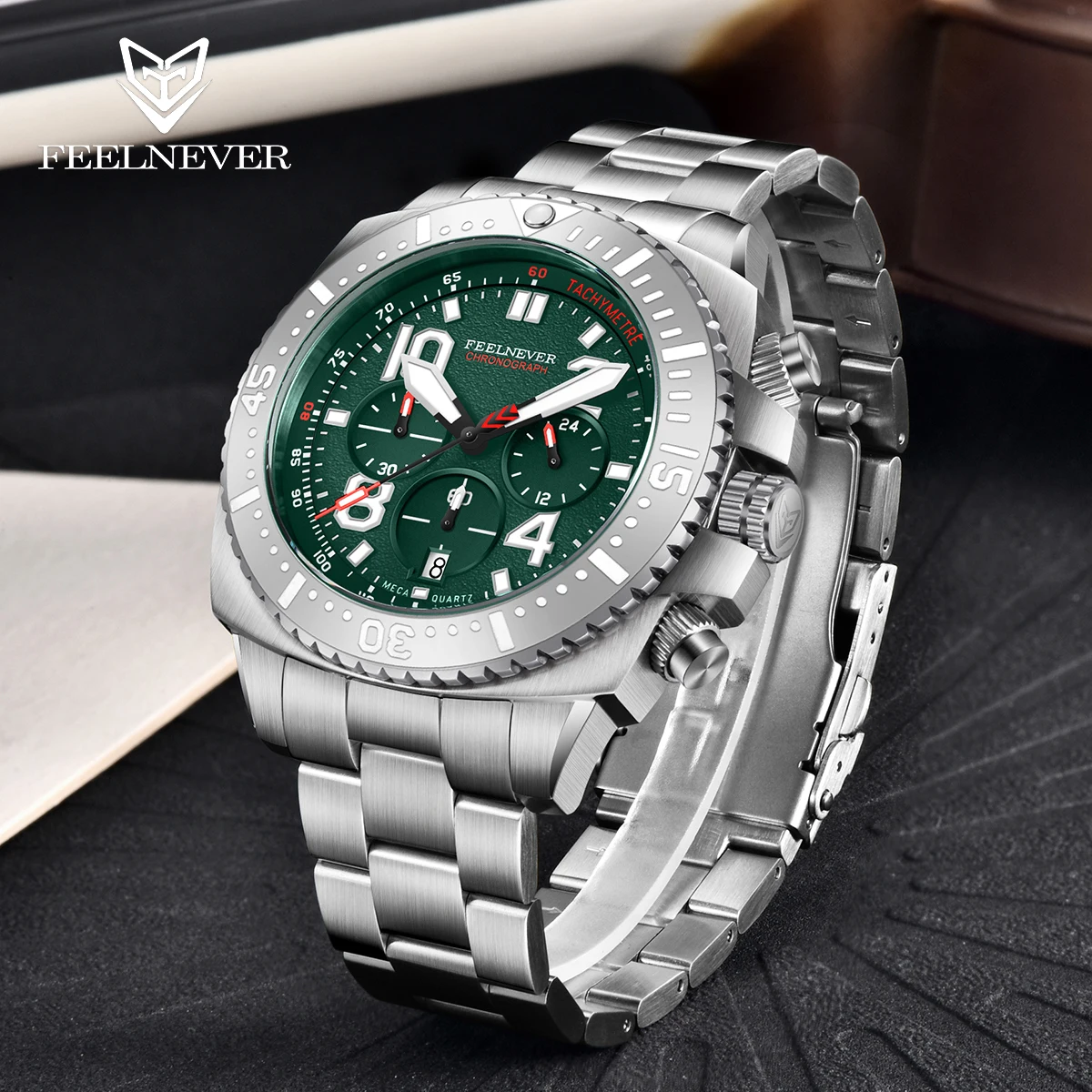 FeelNever Simple Dial Quartz Man Watch Business Luxury Stainless Steel Waterproof Luminous Sapphire Glass Calendar Men's Watches