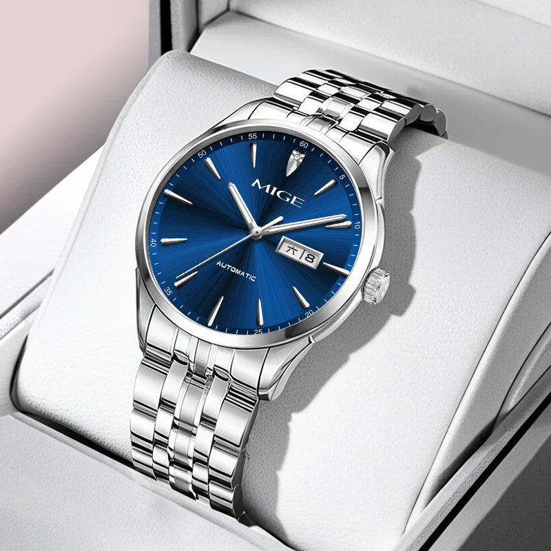 MIGE Luxury Women Automatic Watch Blue Sunburst Dial Stainless Steel Strap Day Date Business Wristwatch for Ladies