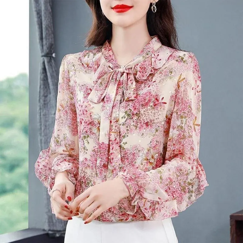 Office Lady Broken Flowers Printed Elegant Scarf Collar Blouse Female Ruffles Spliced Spring Autumn Bow Drawstring Korean Shirt