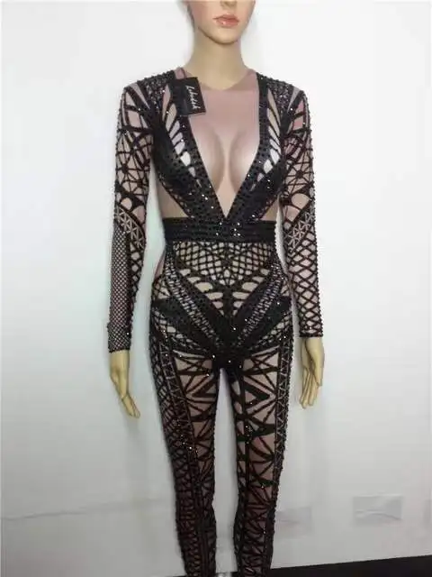 

performance Singer Dancer Nightclub stage wear Rhinestones Leotard Jumpsuit Black Crystals Jumpsuits Female DJ DS show costumes