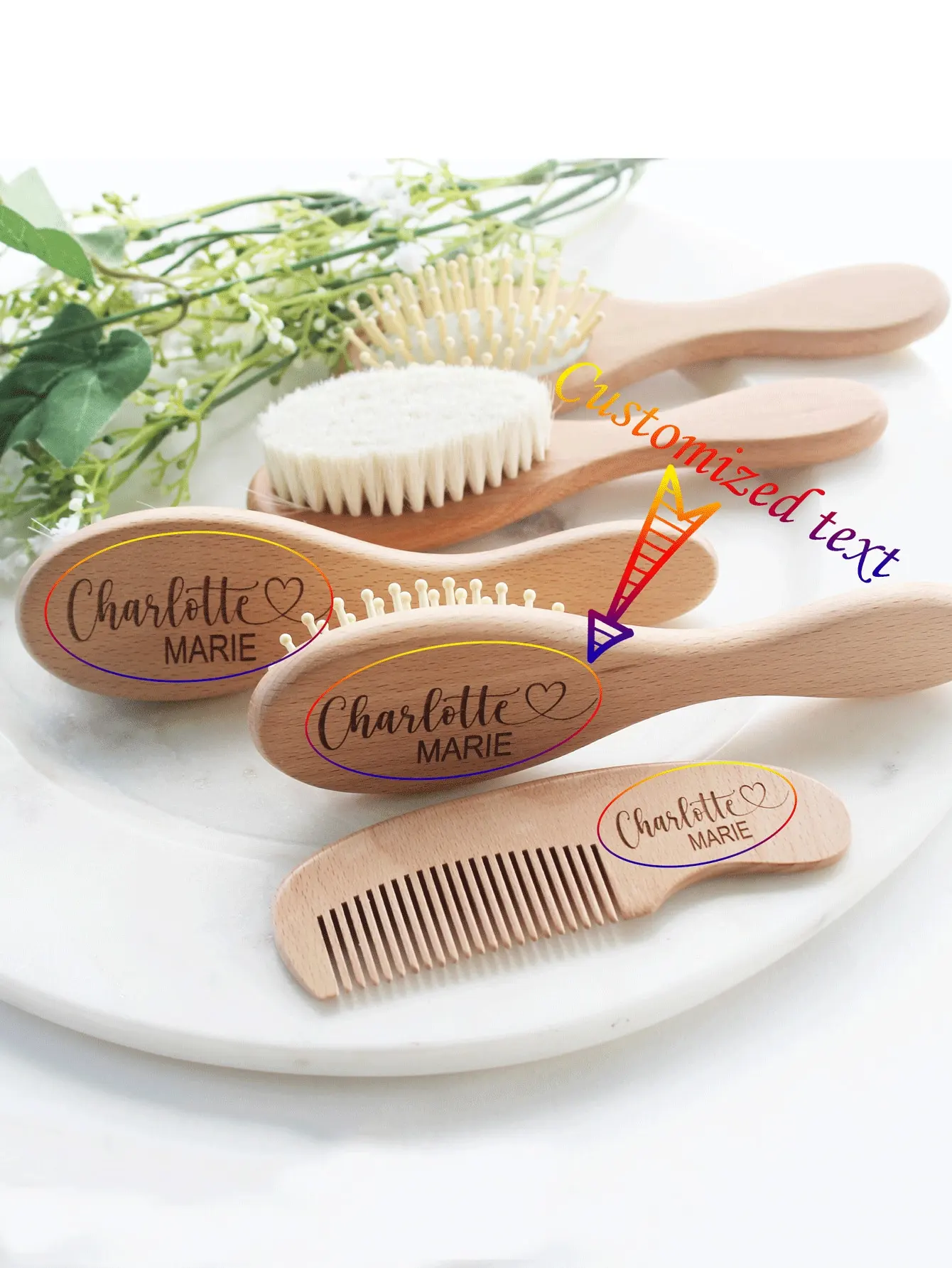 

3pcs Custom Text Wood Baby Hair Brush Gift Set, Baby Bath Gifts With Name Customized Baby Brush Comb, Baby Memorial Gifts Back To School,Multi-Functional,Ornamental,Letter,Stylish,Modern,Colorful,Cute,Adorable,Casual,Custom,Personalised,Unique,Customized,