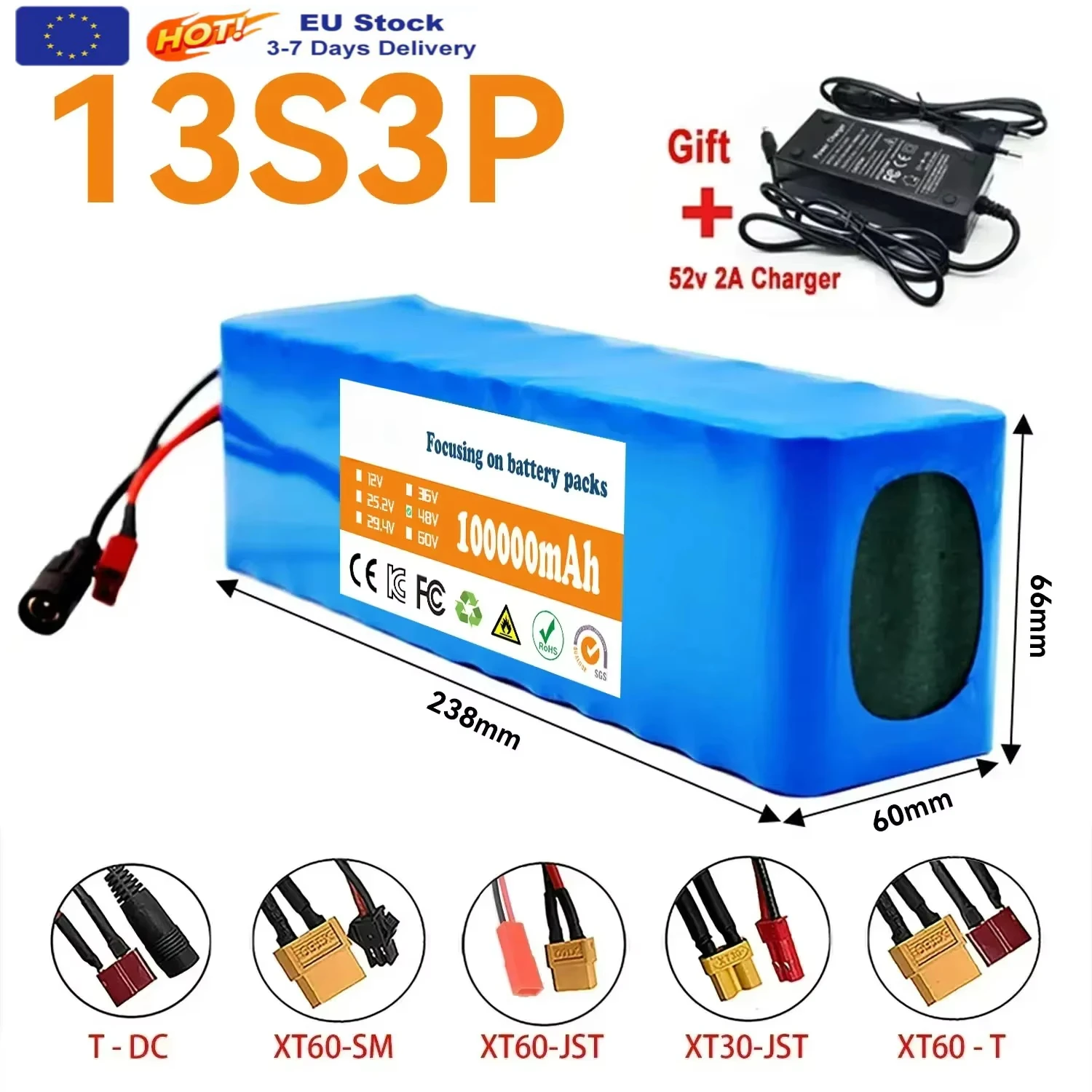 Batterie lithium-ion 13S3P 48V 100000mAh 100Ah 1000W avec BMS + chargeur 54,6V