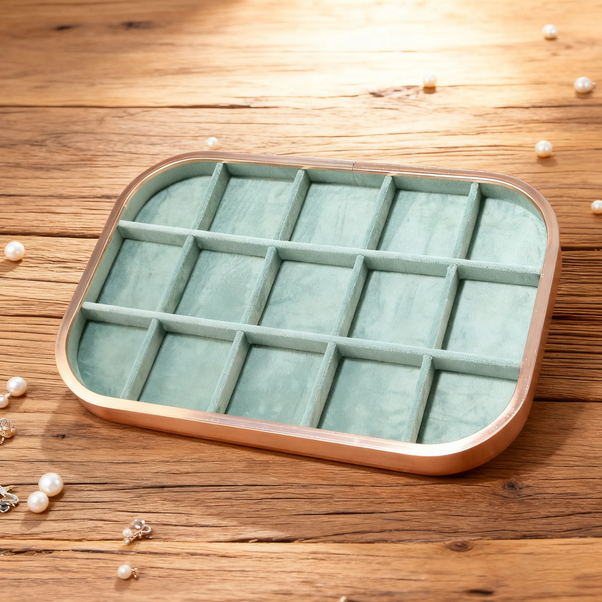 

Green 30x20cm Jewelry Display Plate with Metal Edge - Necklace Bracelet Ring Earring Organizer - Velvet Storage Tray