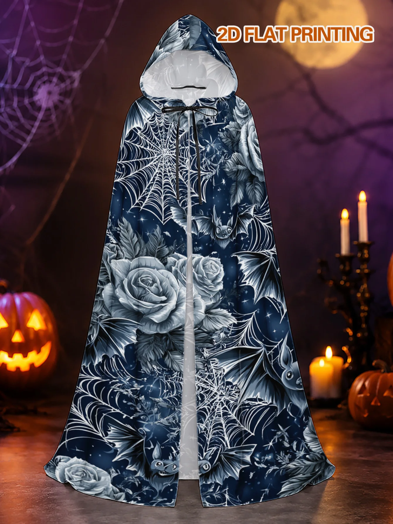1pc Full-Length Cloak with Spiderwebs Bats Roses Night Sky Elements, Perfect for Halloween Witch Roleplay And Christmas