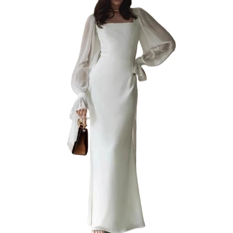 

French Square Neck Splicing Mesh White Long Dress With Long Sleeves Little Transparent