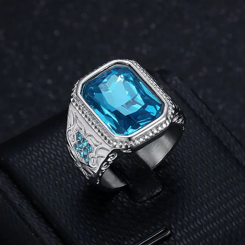 جديد خمر الرجال الفولاذ المقاوم للصدأ ضوء فاخر كبير الأزرق الزركون خاتم مجوهرات الزفاف حجم 7-13 #5