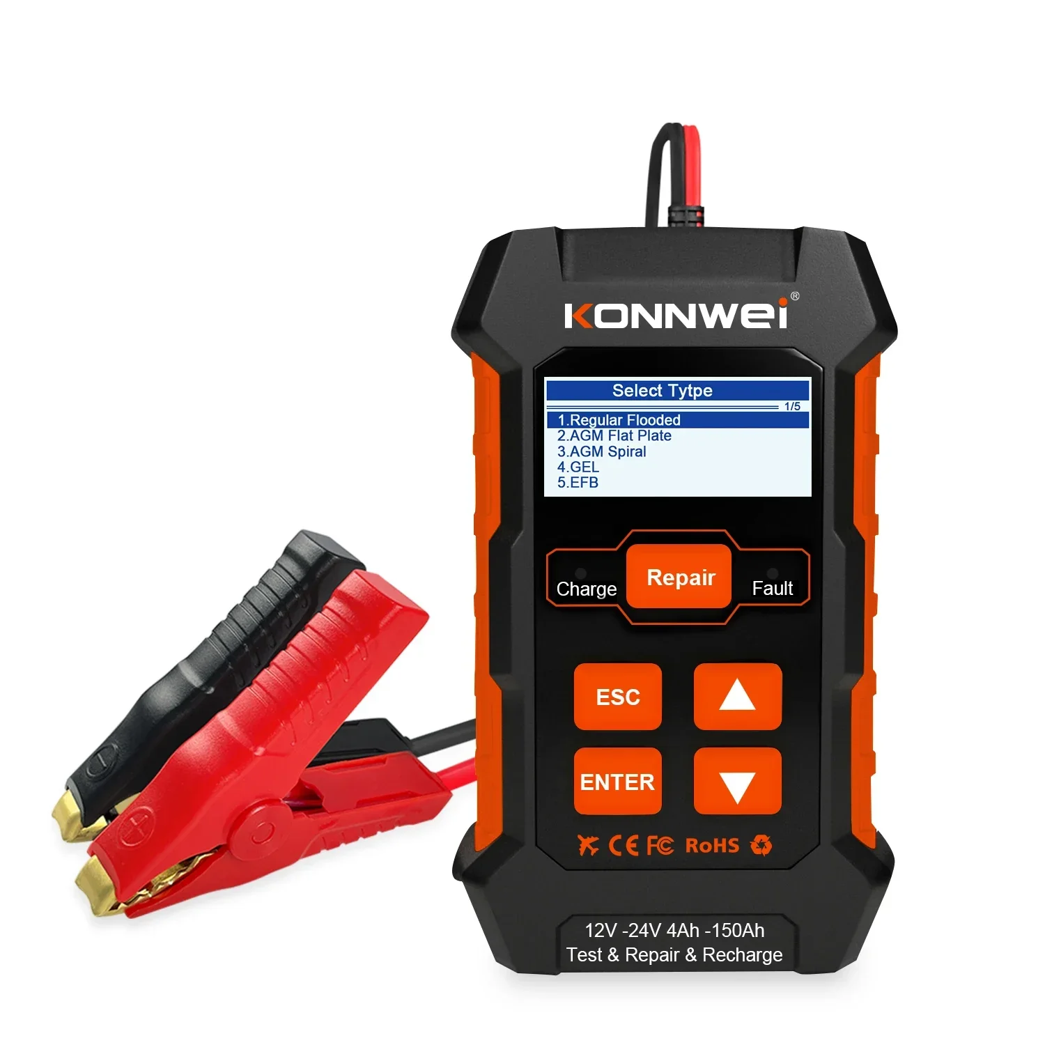 KONNWEI KW520 12V 10A 24V 5A Automatic Car Truck Battery Tester Charger Lead Acid Car Battery Pulse Repair Tool AGM Gel Lithium