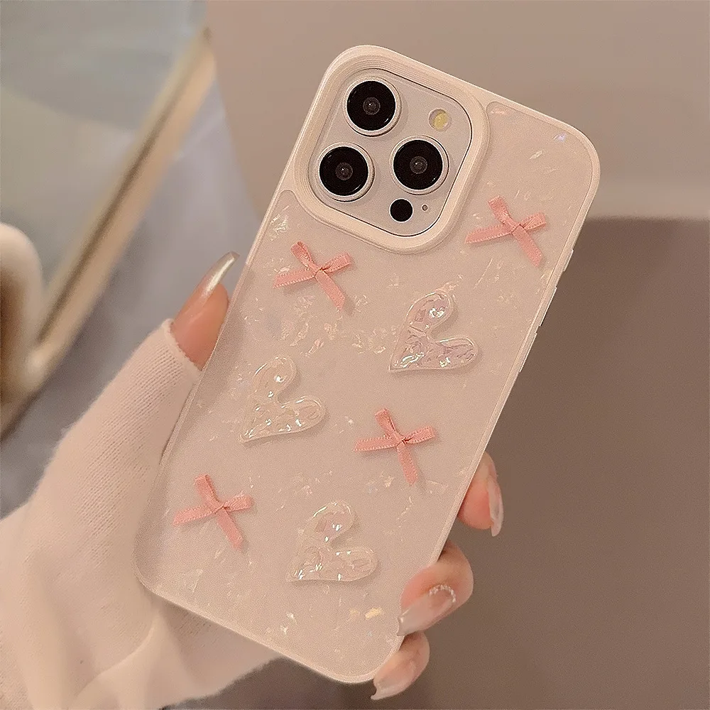 Coque de téléphone de luxe antichoc avec texture 3D Cœur d'amour et nœud papillon pour iPhone 17 Air 16 15 14 13 11 12 Pro Max