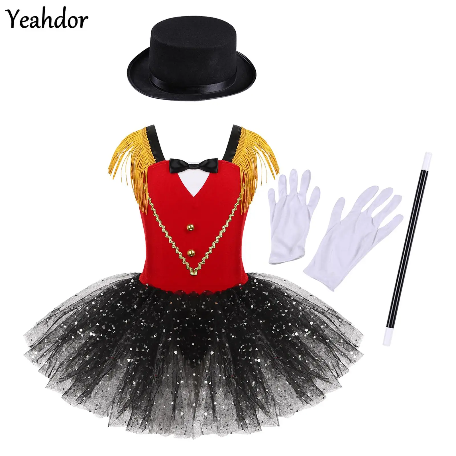 

Girls Halloween Lion Tamer Circus Ringmaster Cosplay Costume Sequins Tassels Ballet Tutu Leotard Dress Steampunk Mini Top Hat