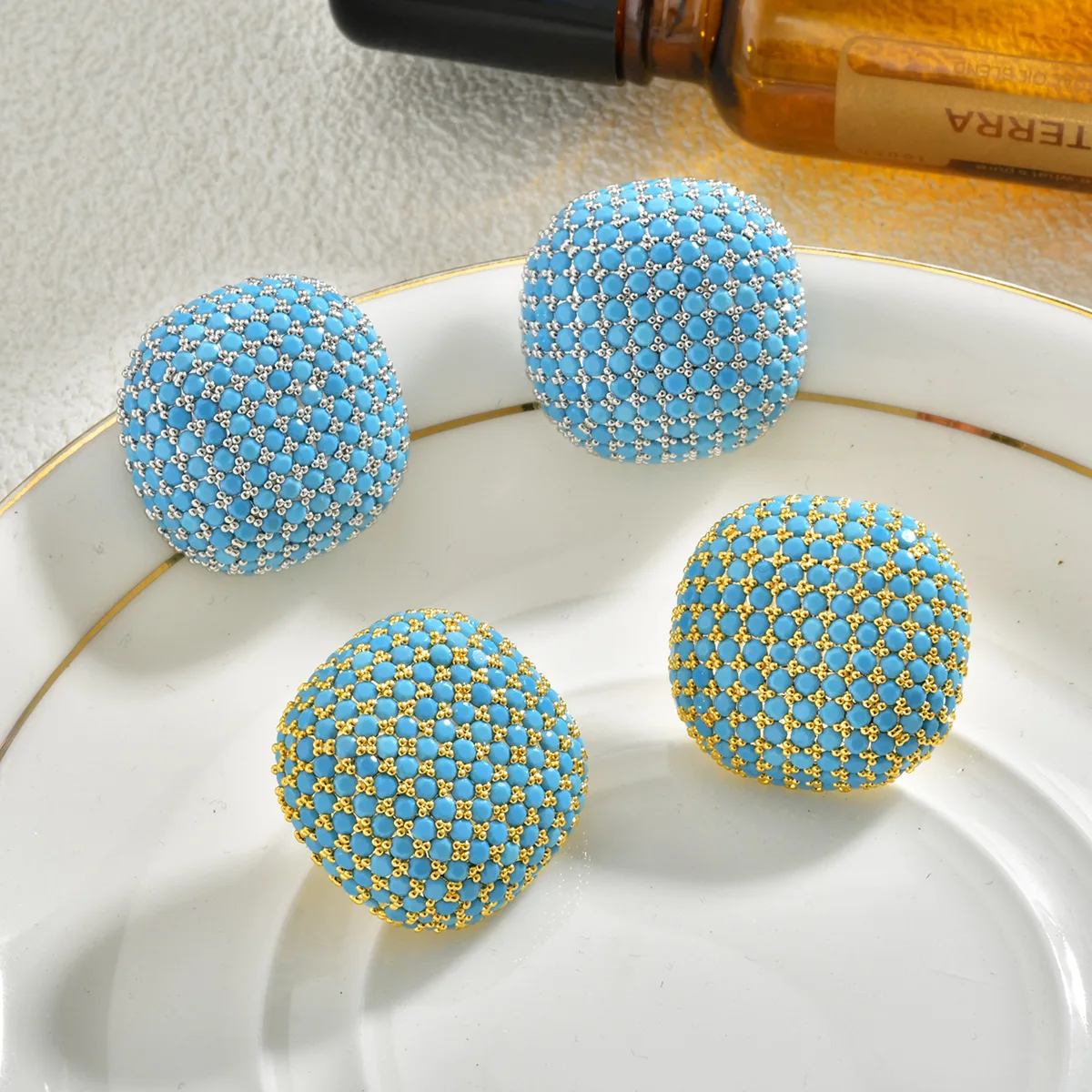 Medieval vintage turquoise square stud earrings personality temperament retro earrings light luxury high sense fashion earrings