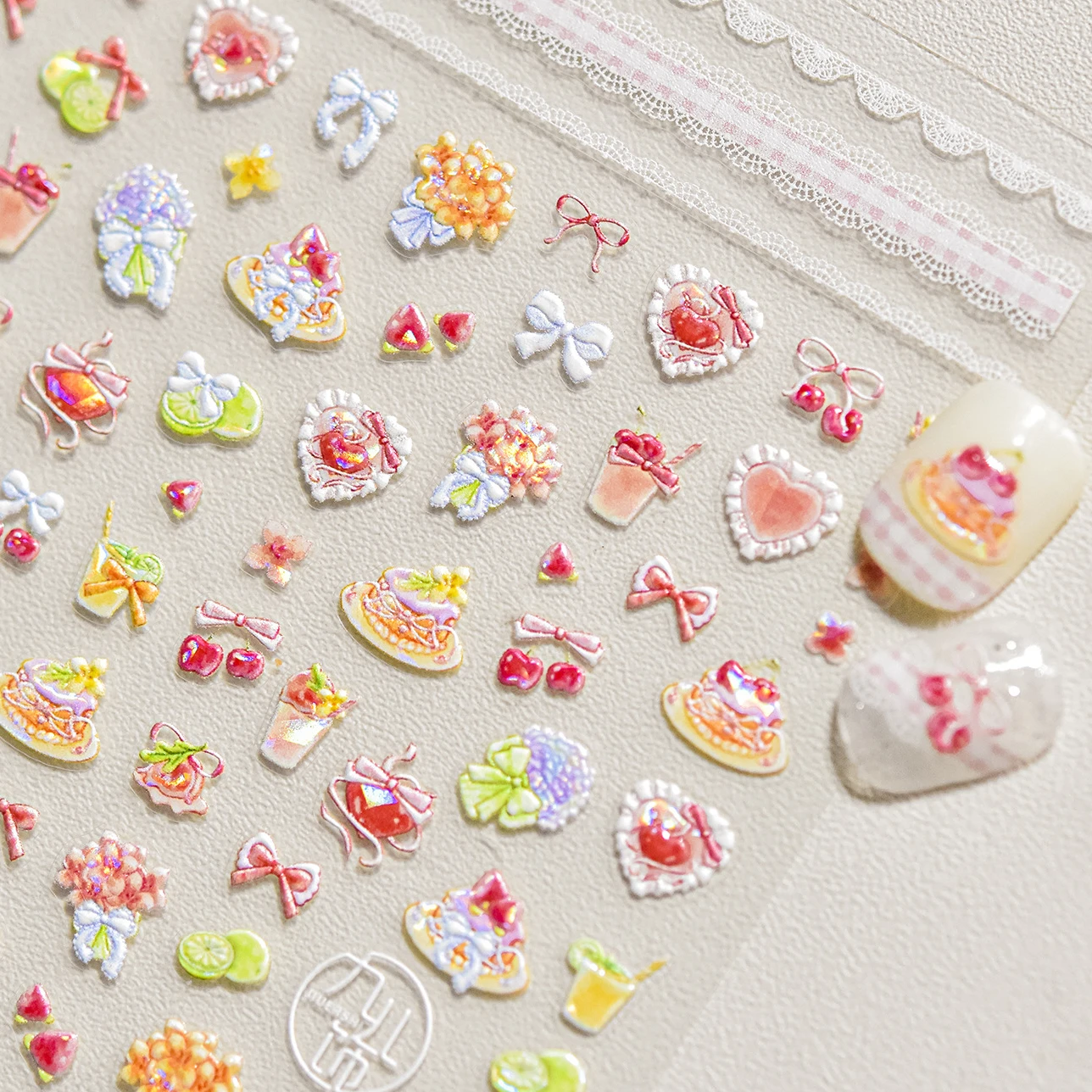 Colored Shiny Dessert Cherry Bowknot Cake Bow Tie Drink Food Cookie Apple Peach Lemon Love Heart Nail Art Sticker Manicure Decal