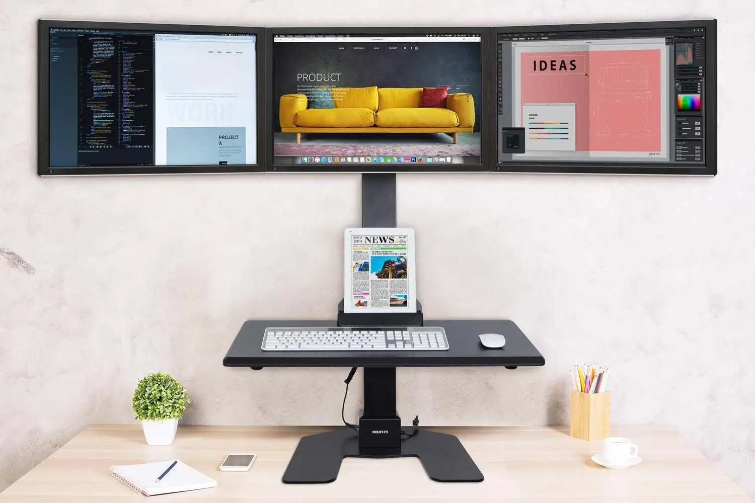 Mount-It! Triple Monitor Electric Standing Desk Converter - 3 Screens Stand Up Desk Riser - Height Adjustable Desktop & 3