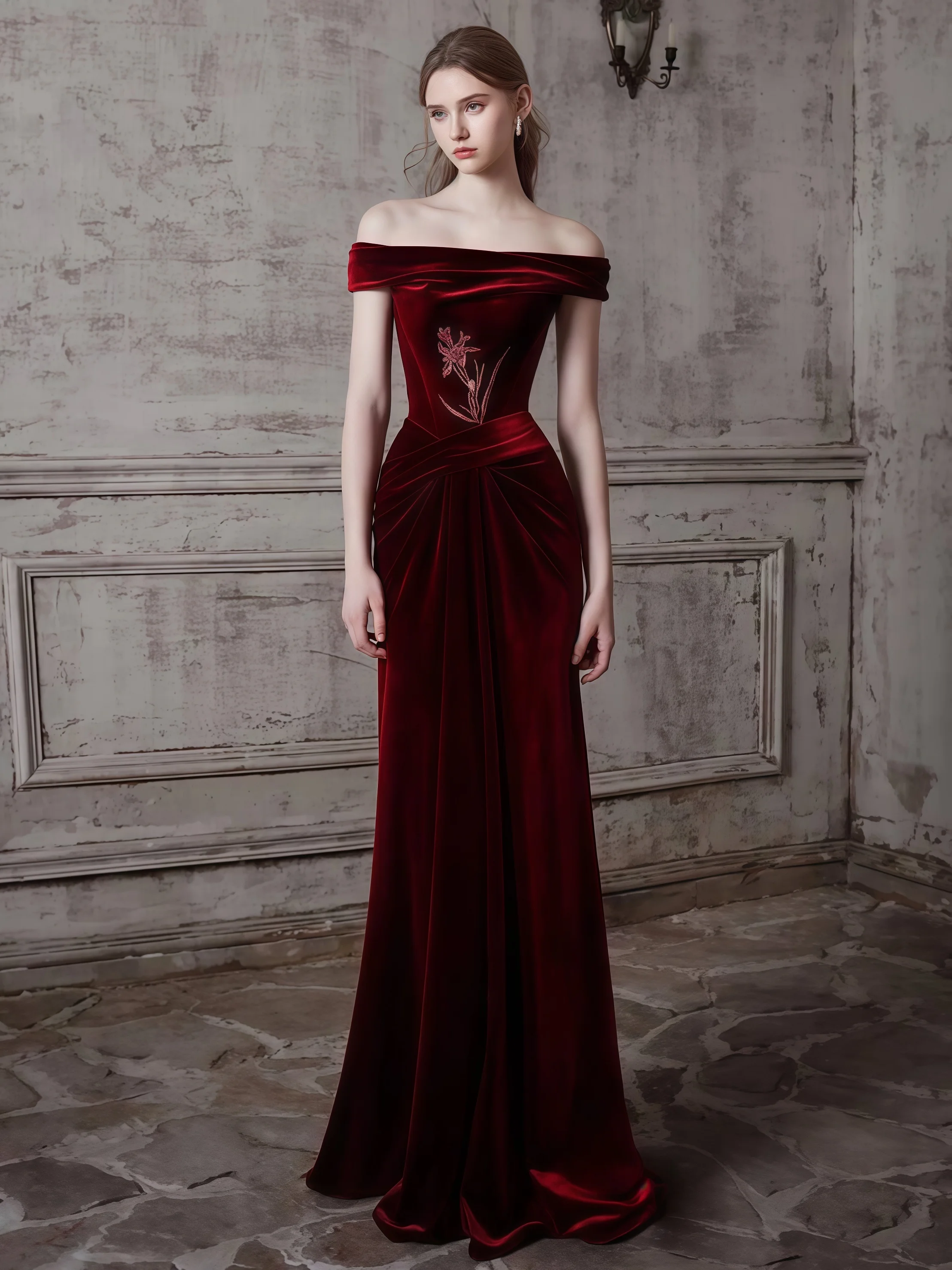 

Vintage Burgundy Evening Dress Velvet Strapless Slim Fit Snap Shoulder Mermaid Formal Occasion Celebrity Banquet Dress