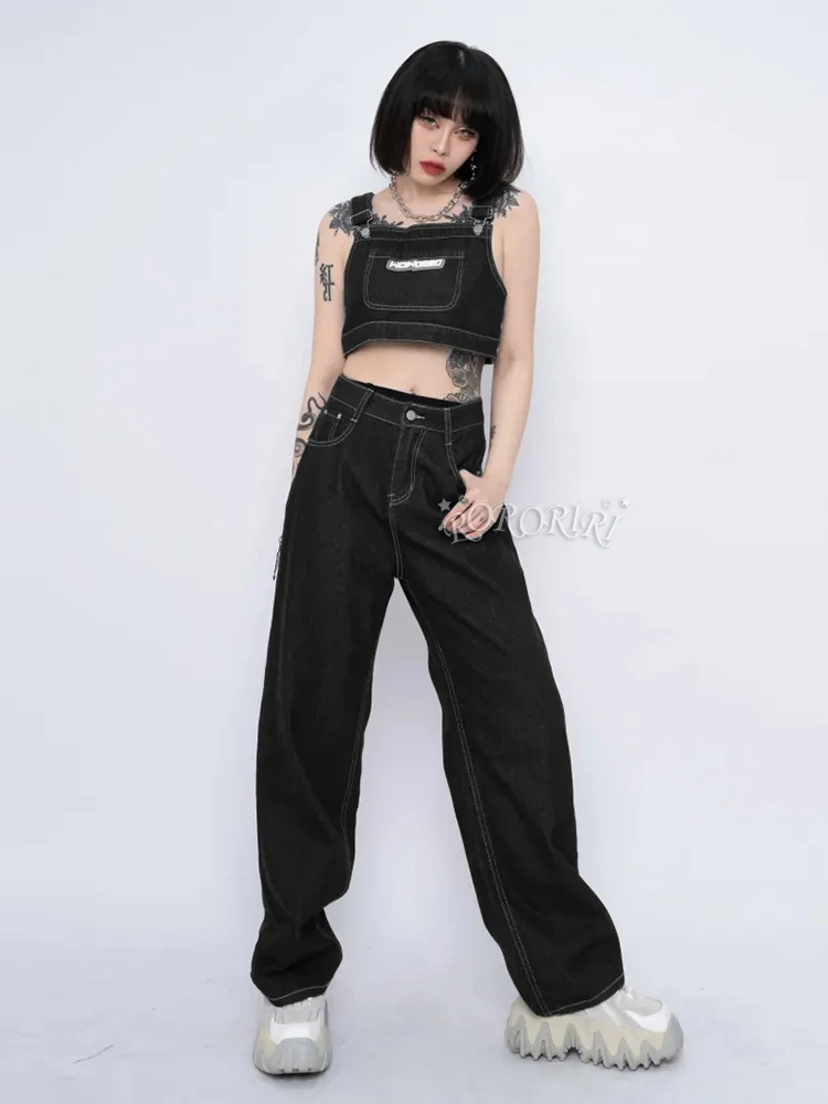 Rororiri Frauen weiß genähte Top Hose Jeans anzug lässig solide verstellbare Träger Latzhose Weste gerade Baggy Jeans Streetwear