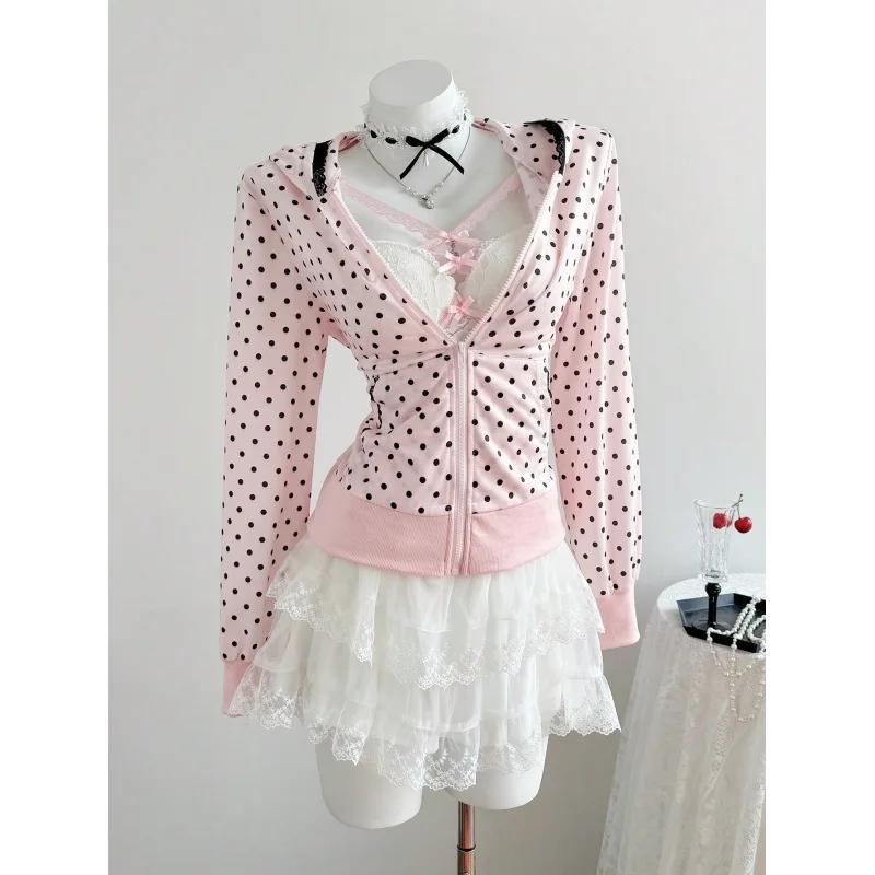 Y2k style Korean autumn and winter versatile new sweet and spicy girl ancient morning wave point hooded short cardigan jacket