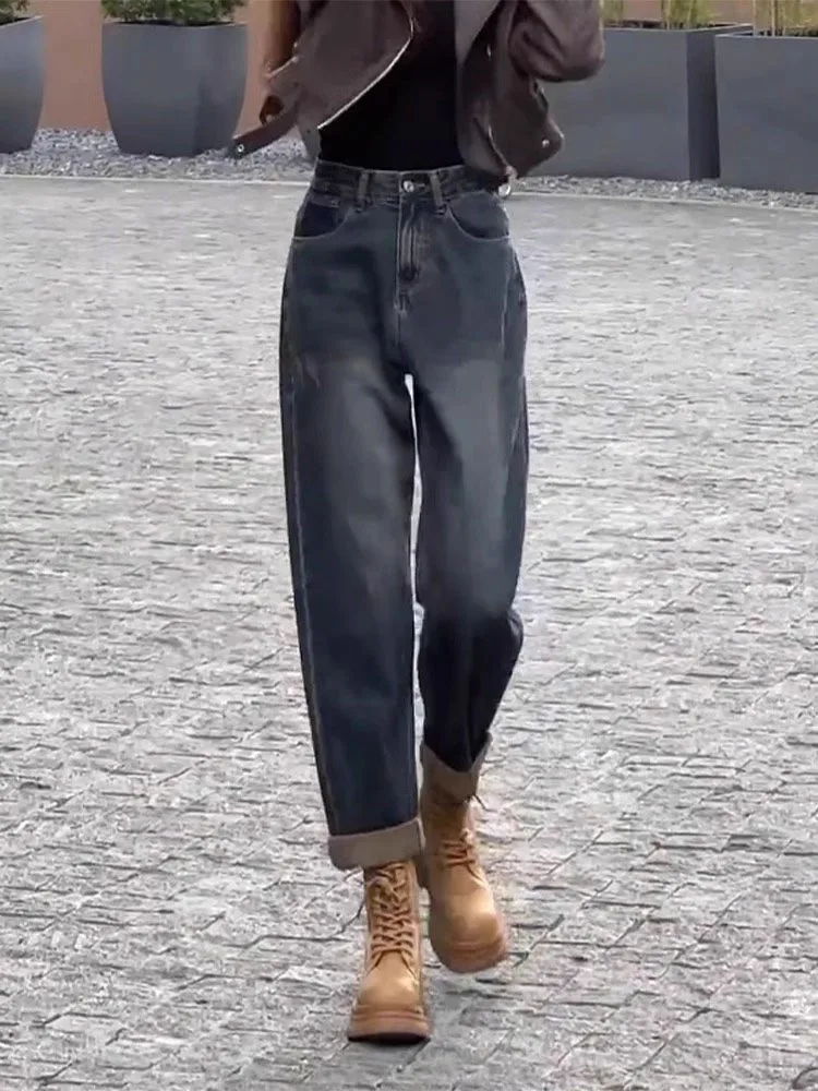 الأمريكية Sle عالية الخصر الحريم الجينز المرأة فضفاضة تناسب التخسيس صغيرة الحجم أبي السراويل الخريف جديد حجم كبير جينز غير رسمي