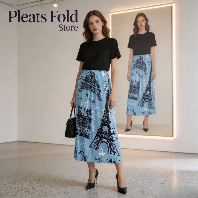 Miyake Pleated 2026 Original American Print Skirt Summer New Slim Fit Versatile Niche Design Mid-Length Skirt for Women Pleat