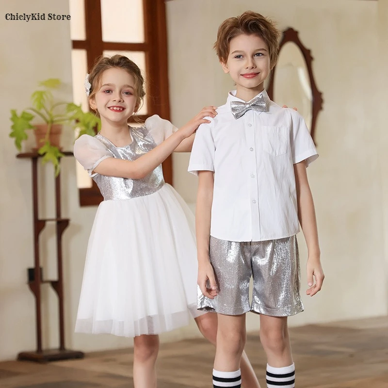 Boys British School Uniform Shirt Shorts Girls Chiffon Silver Dress Kids Sundress‌ Clothes Sets Children Students Dresses Outfit