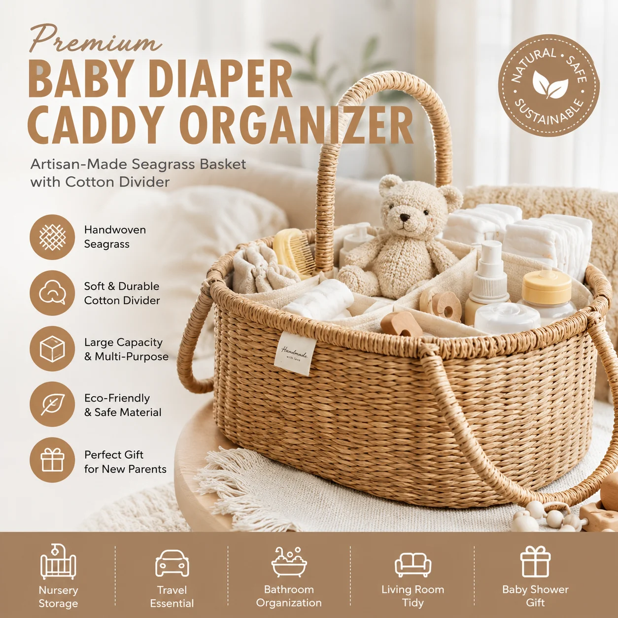 

Premium Baby Diaper Caddy Organizer Seagrass Basket with Cotton Divider Nursery Storage Basket for Baby Shower Gift