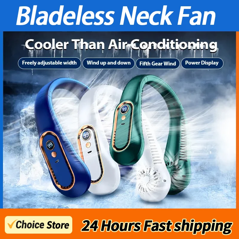 2024 7000mAh New Mini Neck Mounted Fan Portable Bladeless Neck Rechargeable Air Cooler 5 Speed Mini Summer Sports Fan Outdoor